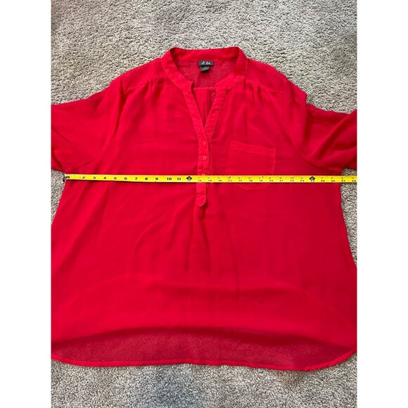 Dots Sheer Red Button-Up Blouse 3X Roll Tab Sleeves Tunic Plus - Picture 3 of 8